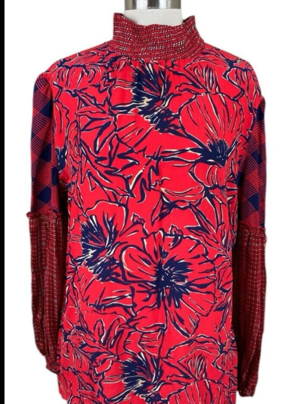 ANTHROPOLOGIE Blank London Mixed Print Smocked High Neck Blouse Red Navy M